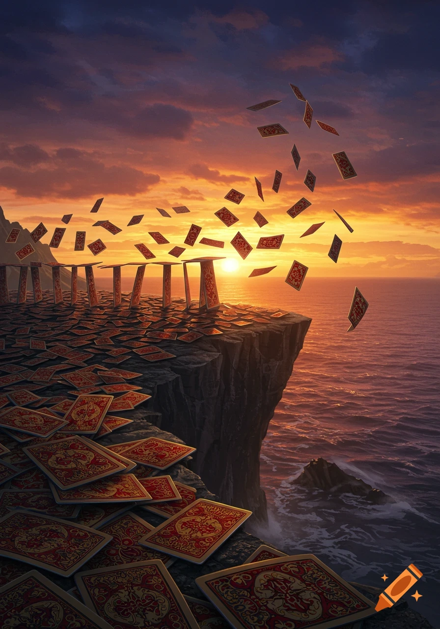 Playing cards cover a cliff edge, with many more falling into the ocean below, at a vibrant sunset.