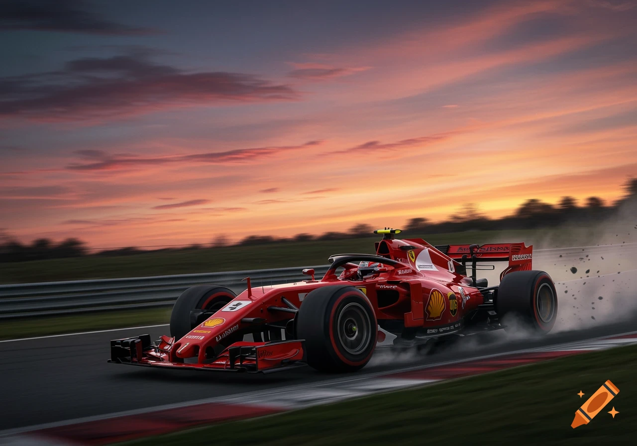 A red Ferrari Formula 1 race car speeds on a track at sunset, with motion blur and smoke from its tires.