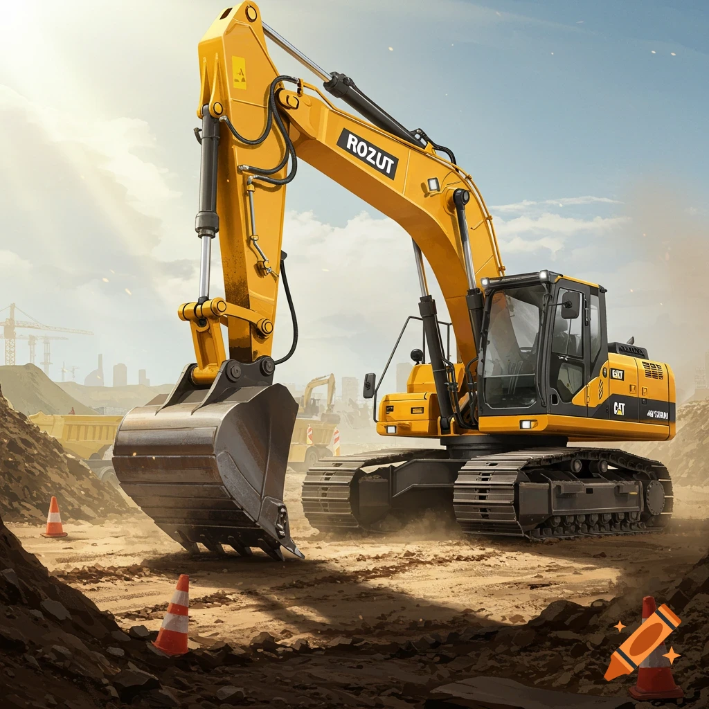 A large yellow excavator on a dusty construction site under a partly cloudy sky, with other construction vehicles in the background.