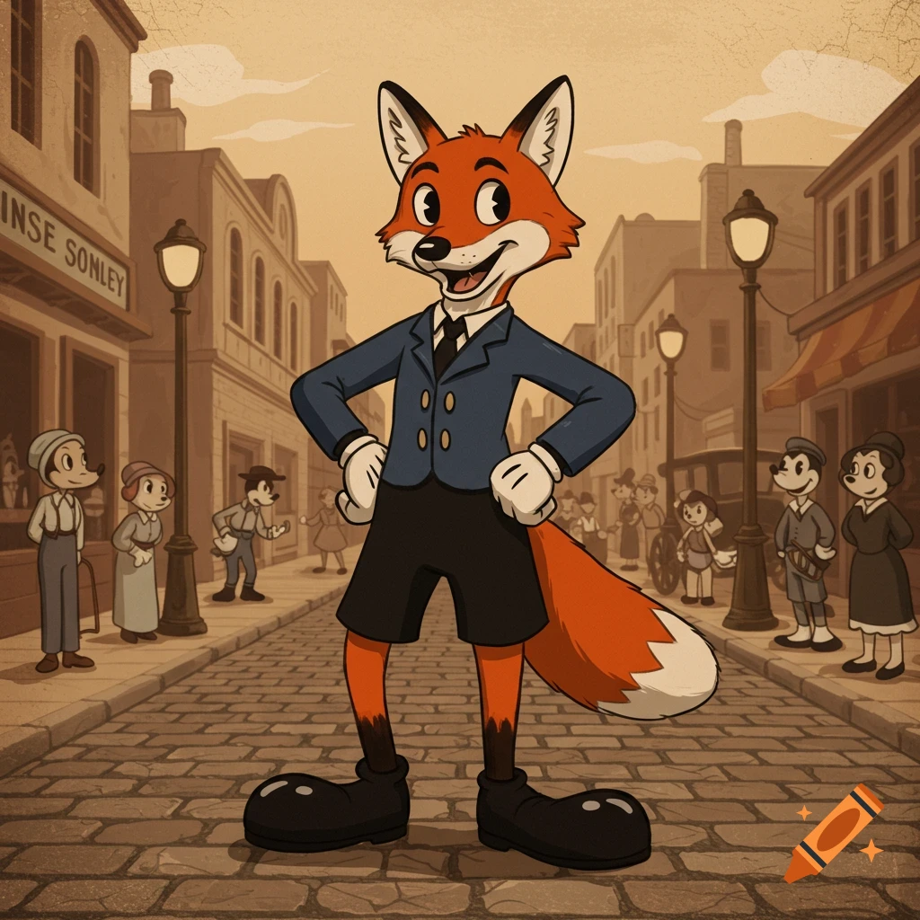 A smiling anthropomorphic fox in a suit stands on a cobblestone street in a vintage 1920s rubberhose cartoon style.