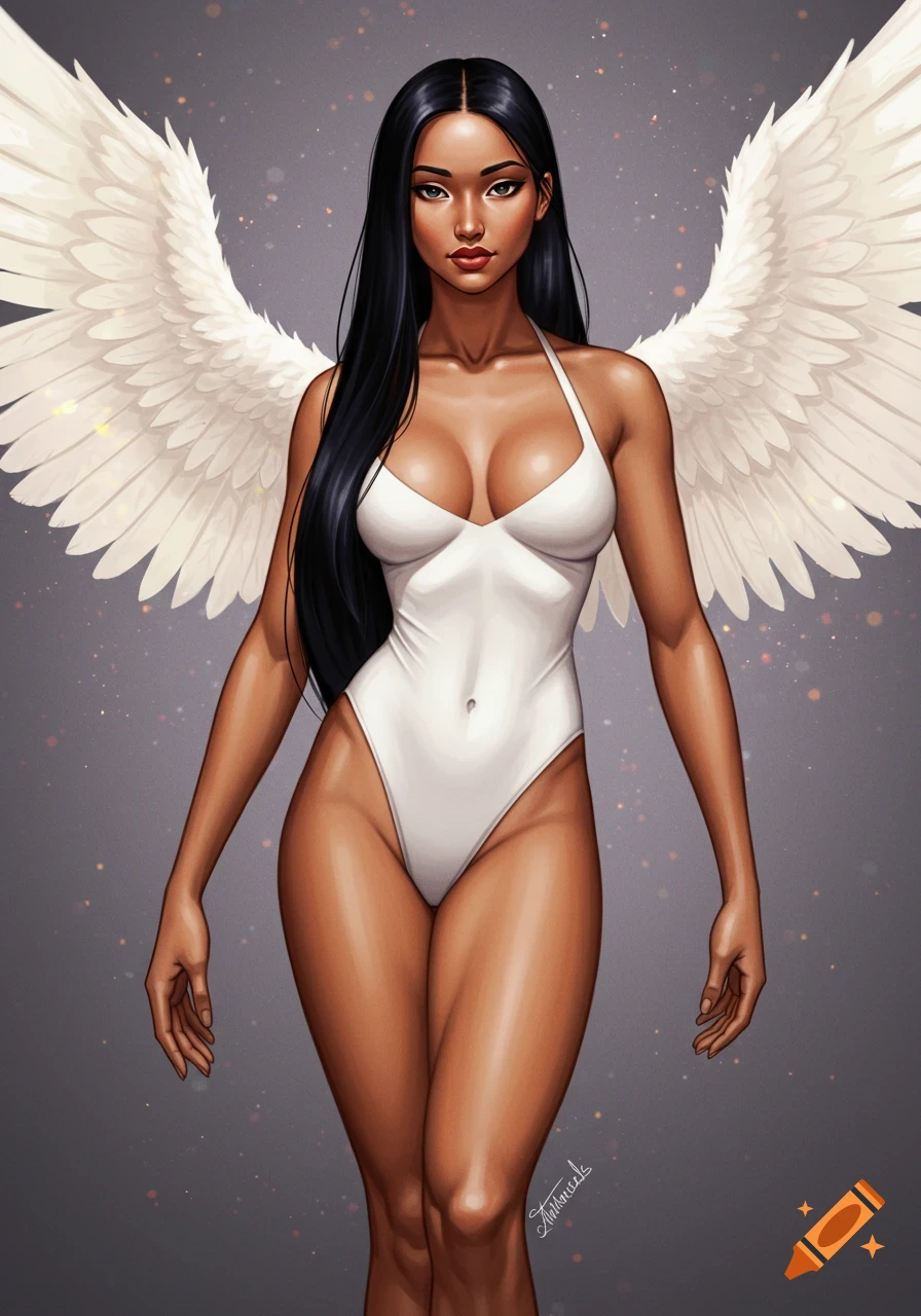 Digital illustration of a tall, elegant woman with long black hair, white wings, and a white swimsuit, standing confidently.