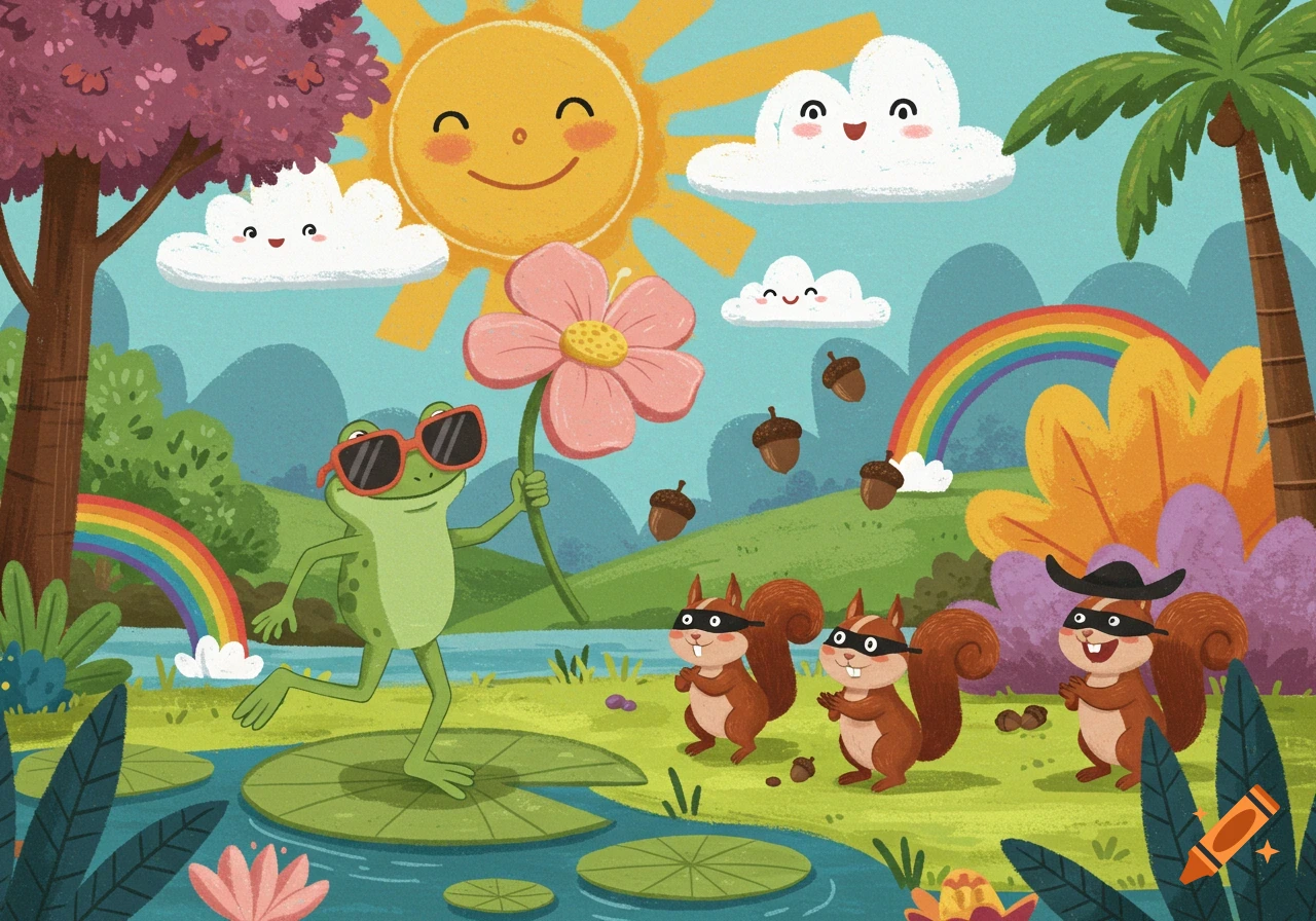 Whimsical illustration of a frog in sunglasses on a lily pad with a flower, masked squirrels, a happy sun, and rainbows.