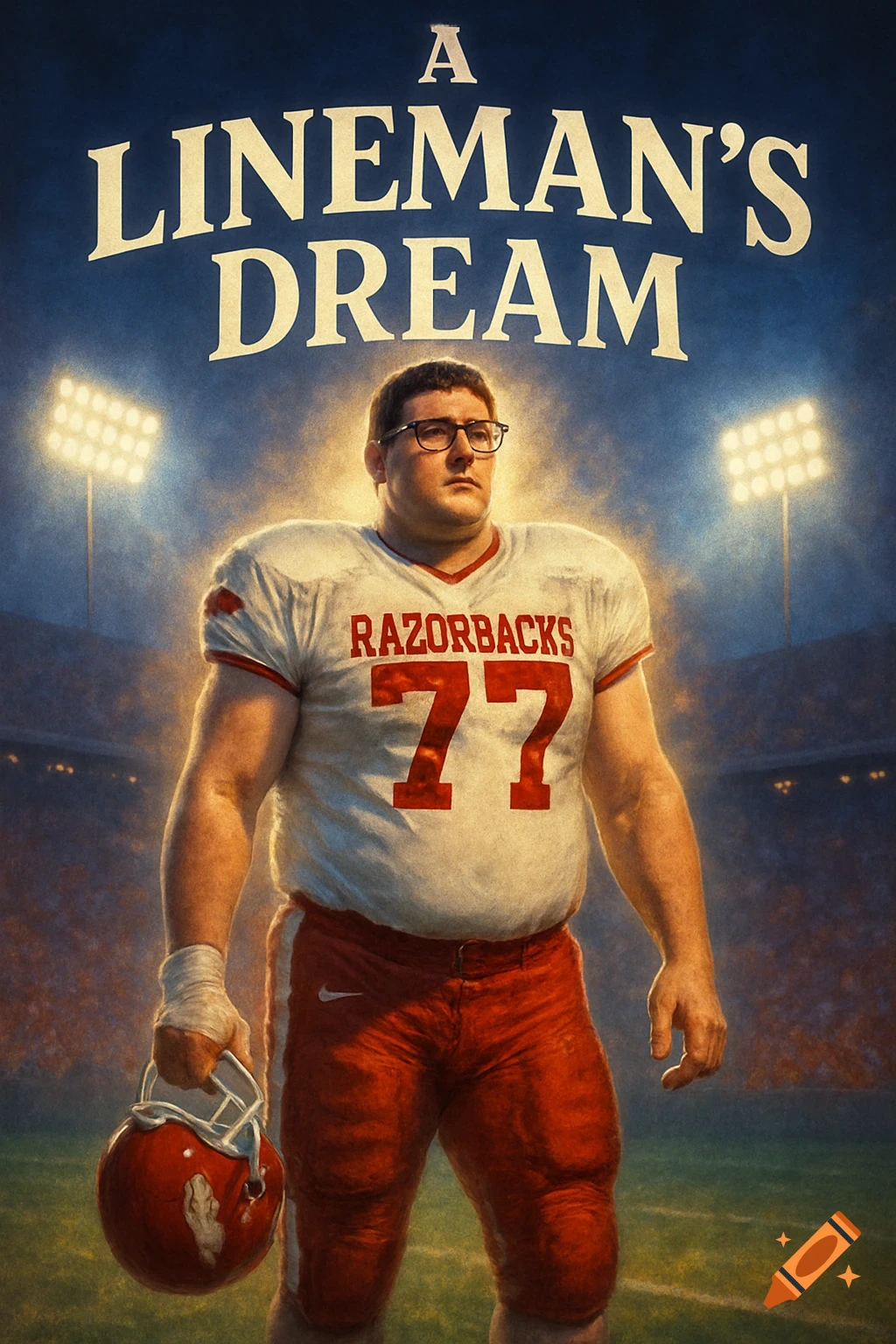 A large football player in a white and red uniform on a field at night, holding a helmet, with 'A LINEMAN'S DREAM' title.