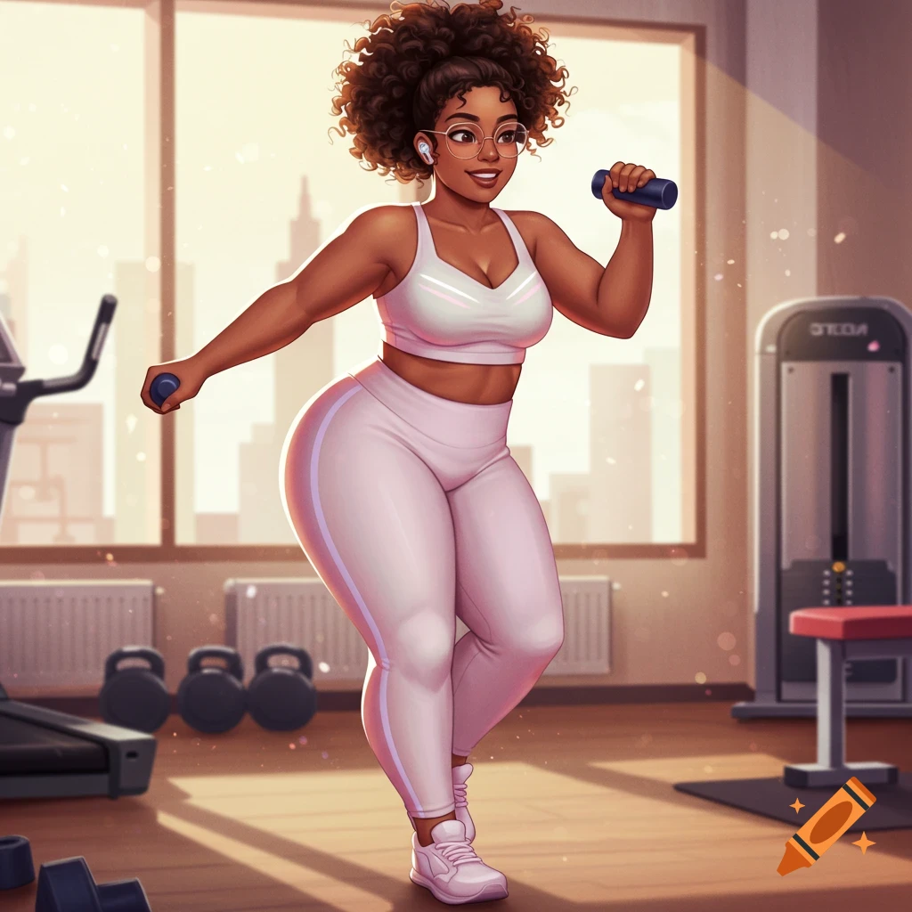 A smiling curvy woman with curly hair and glasses in white workout clothes exercises with dumbbells in a sunlit gym.