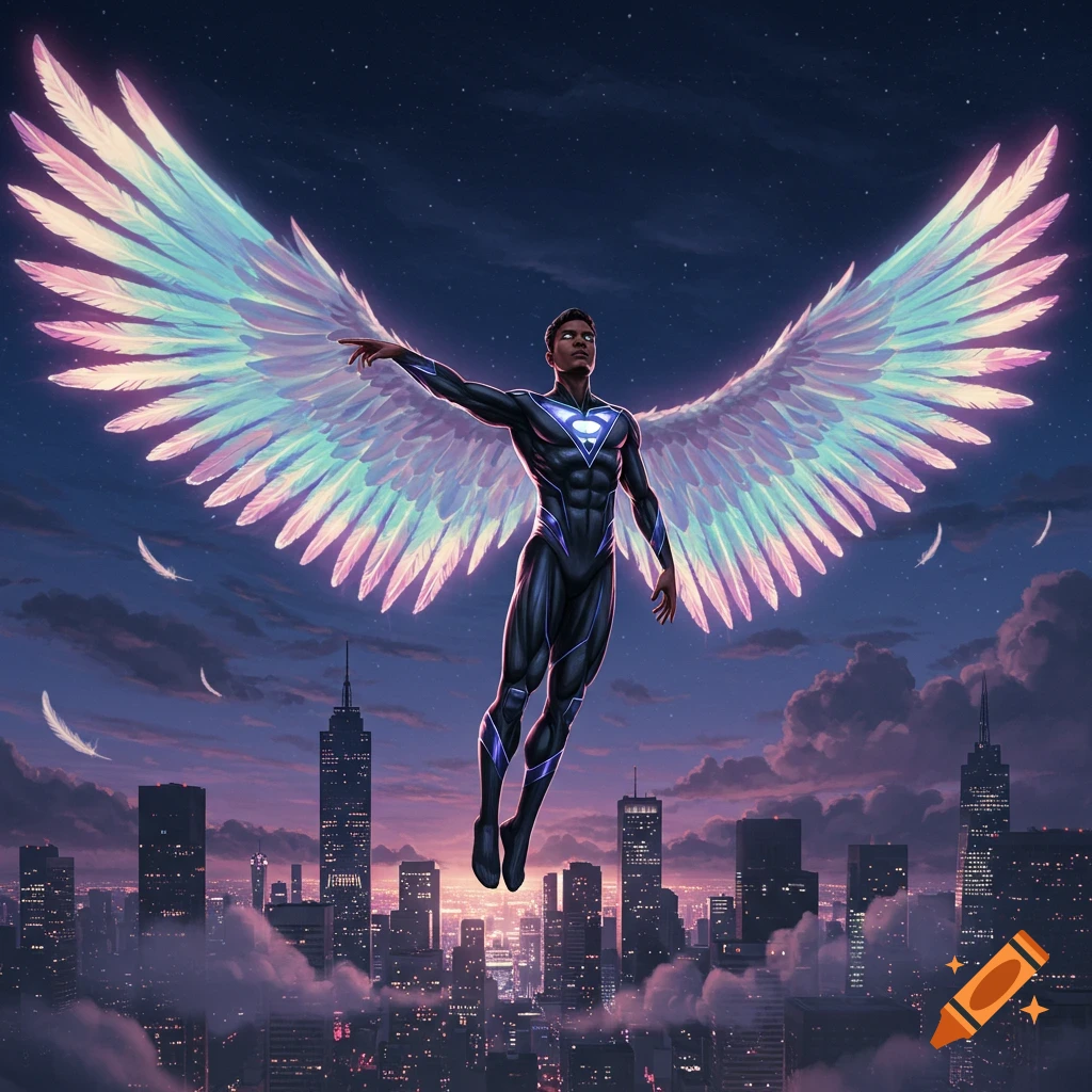 A superhero in a black suit with glowing blue details and large, iridescent wings flies over a city at night.