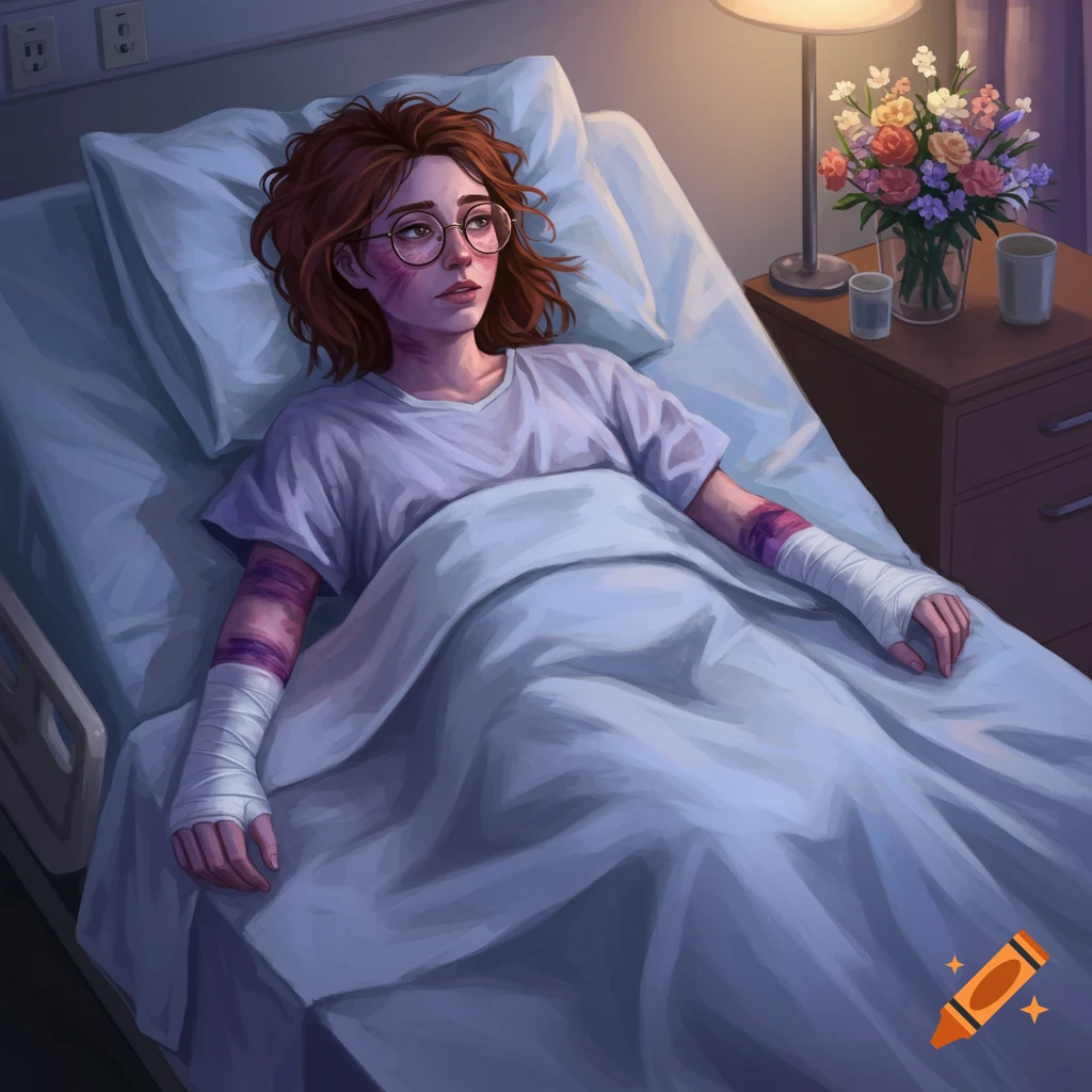 A young woman with glasses and red hair lies in a hospital bed with bandaged and bruised arms, looking forlorn.