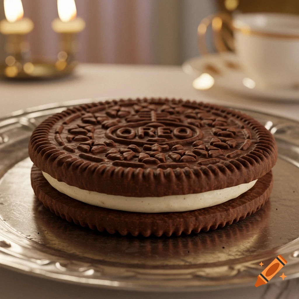 A single photorealistic Oreo cookie with white cream filling resting on a silver platter, with blurred candles and a teacup in the background.
