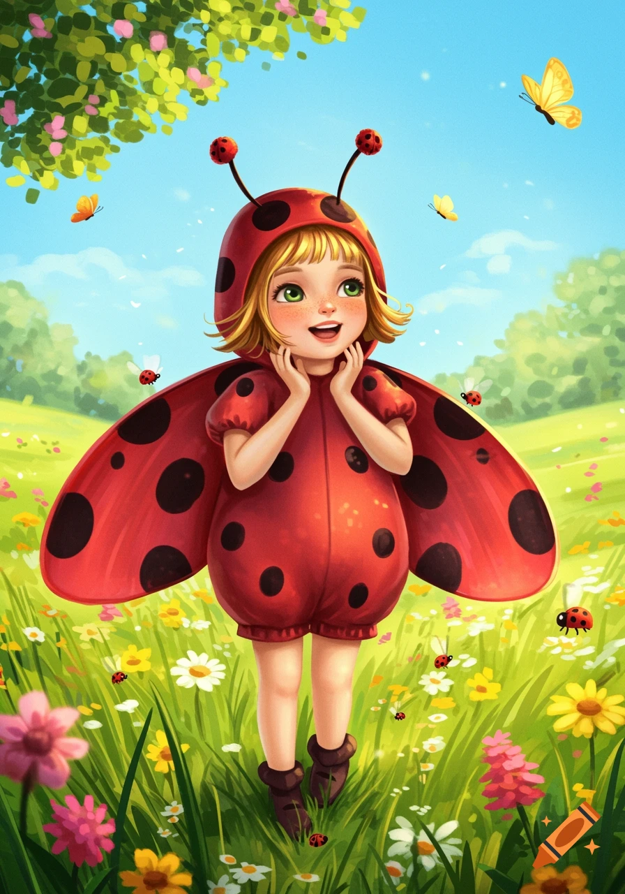 Happy young girl in a red ladybug costume in a vibrant field of colorful flowers under a blue sky, with butterflies.