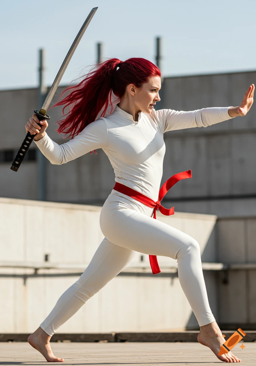 A red-haired woman in a white leotard and red belt holds a katana in an action pose outdoors.