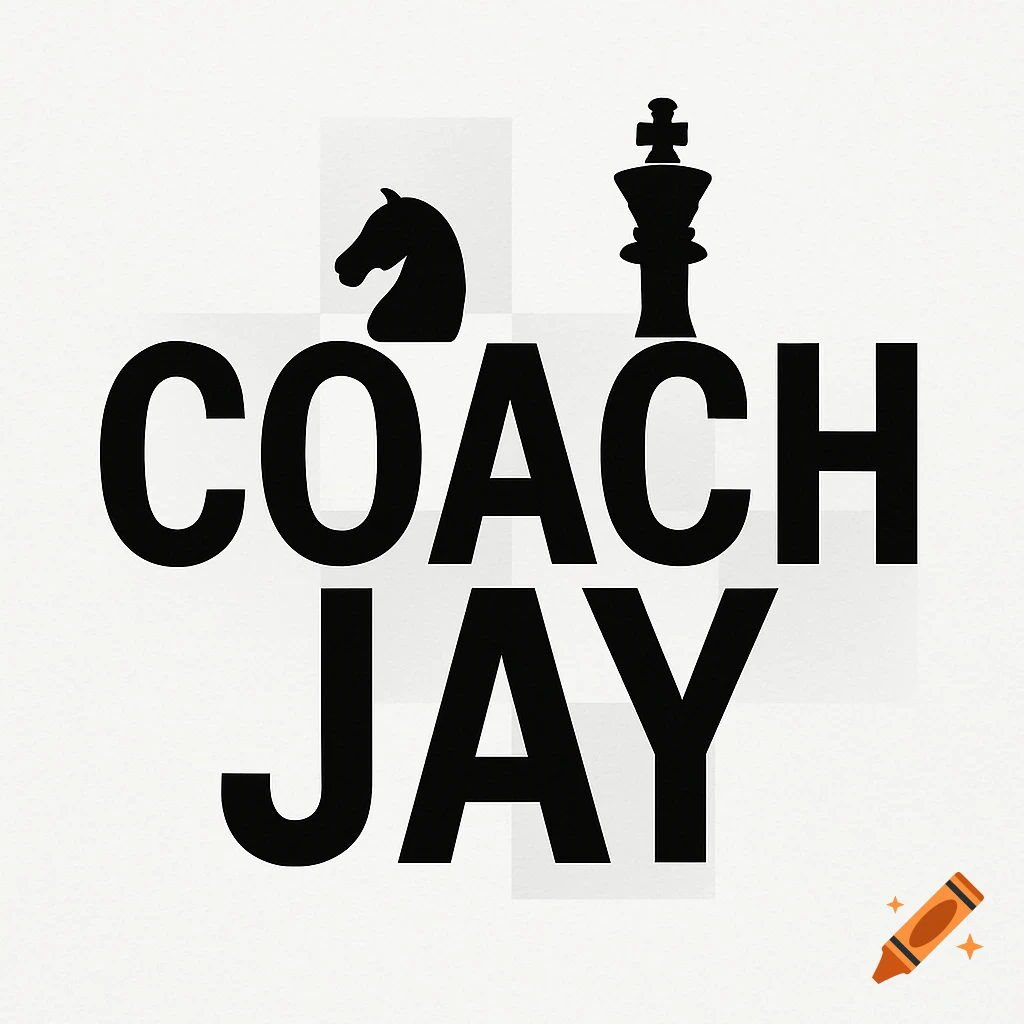 Black and white logo for 'Coach Jay' with a chess knight and king above the text.