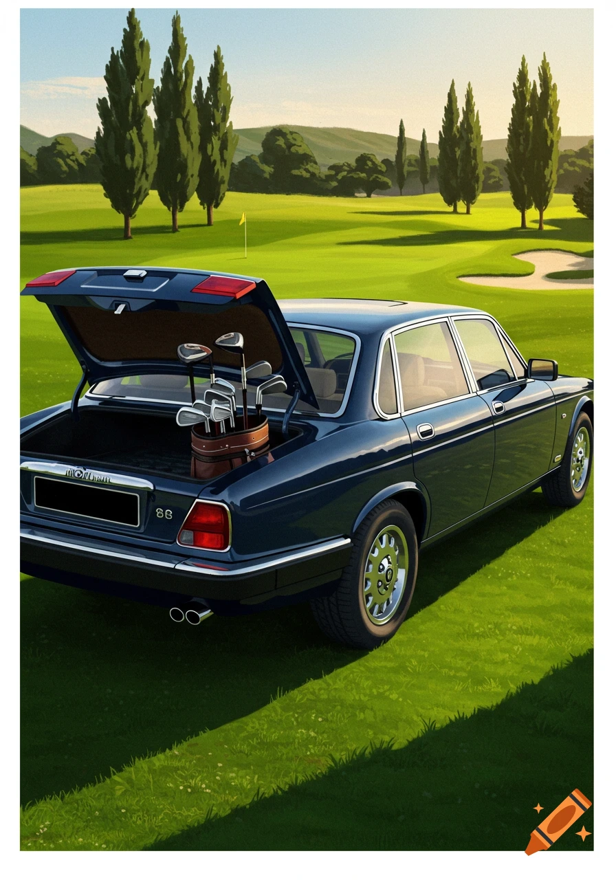 A dark blue sedan car with its trunk open, revealing golf clubs, parked on a green golf course with trees under a sunny sky.