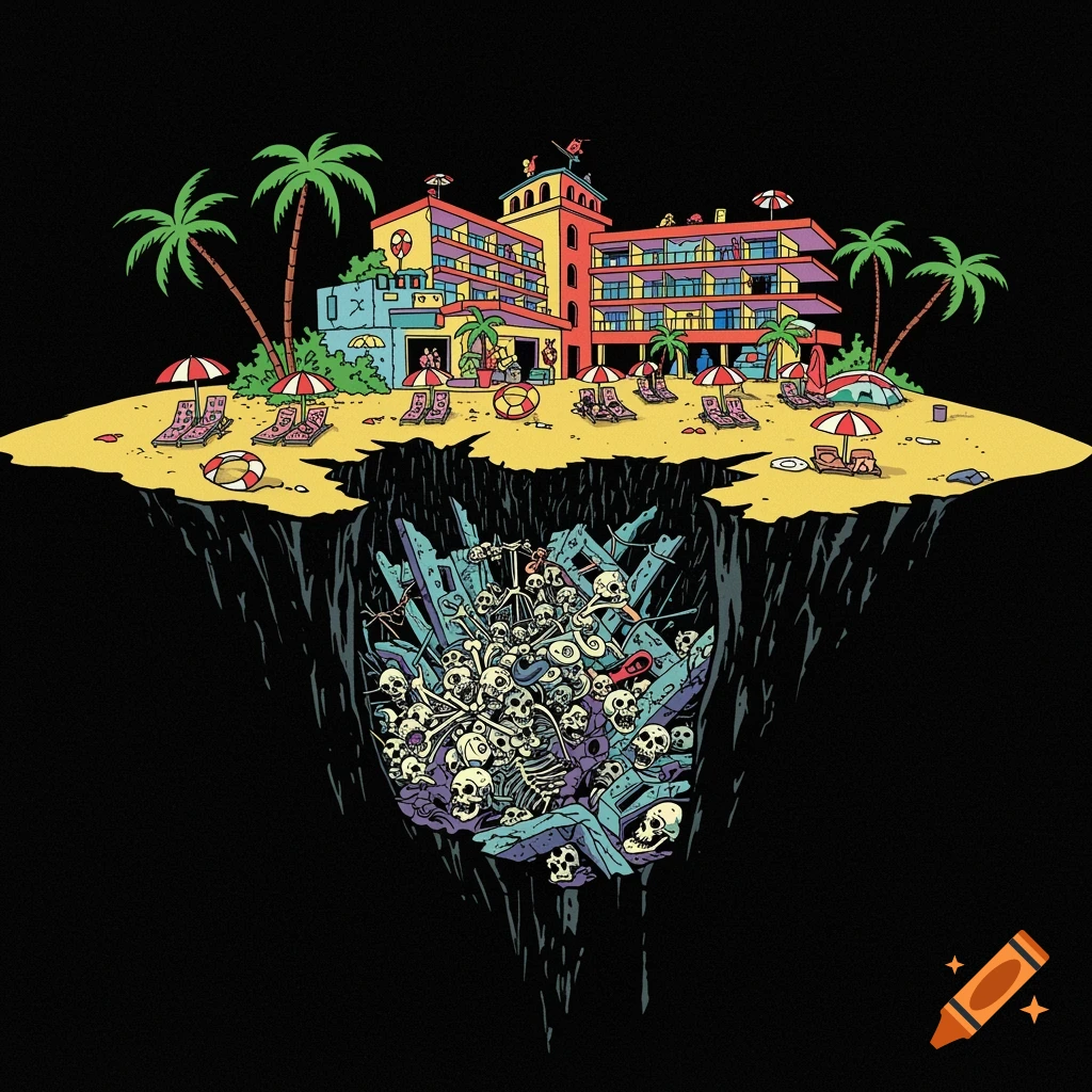 A colorful, grotesque 1990s abstract cartoon image of a vibrant island resort with a crack revealing ruins, bones, and skulls beneath.