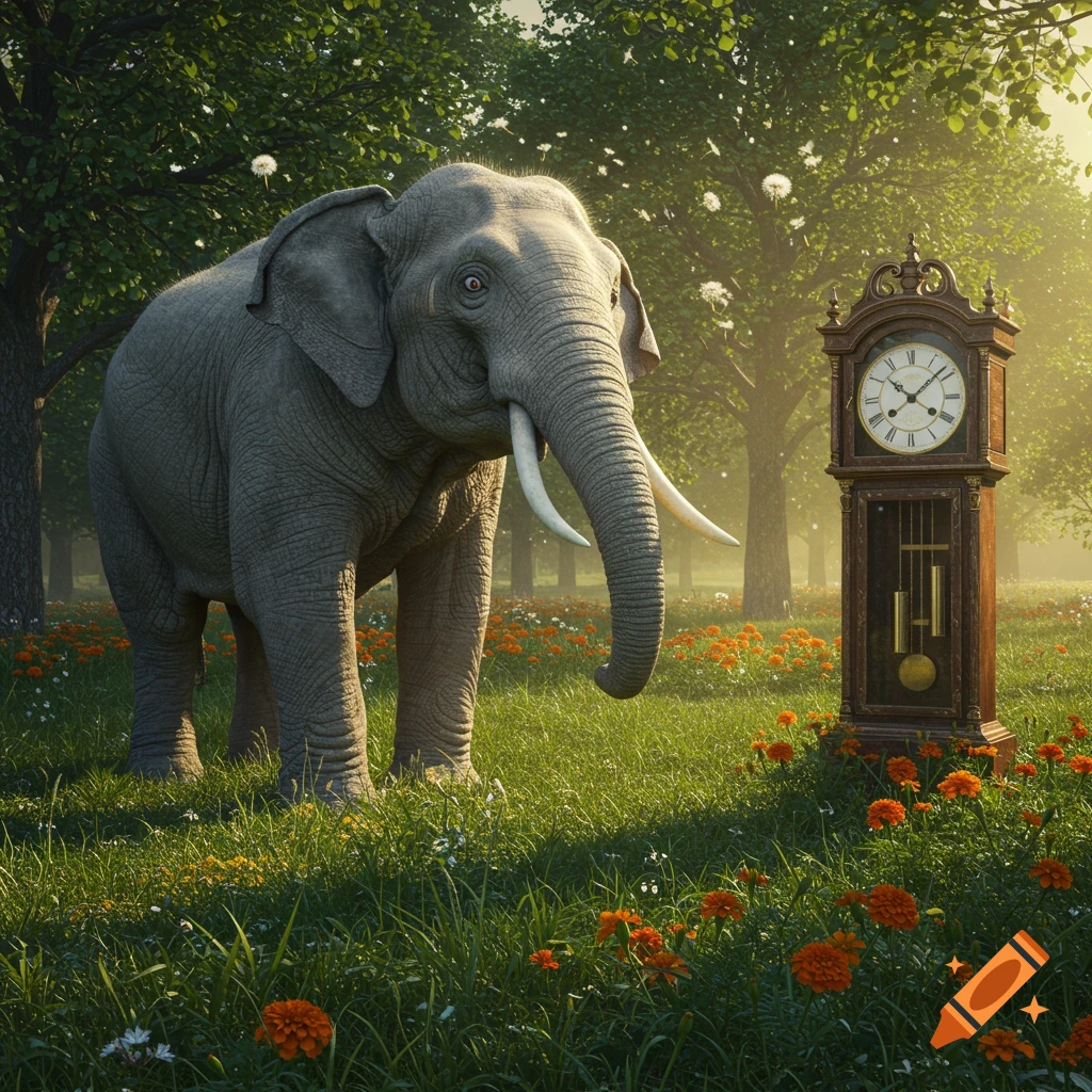 A large elephant stands in a lush green forest clearing filled with orange and white flowers, next to a tall grandfather clock, bathed in sunlight.