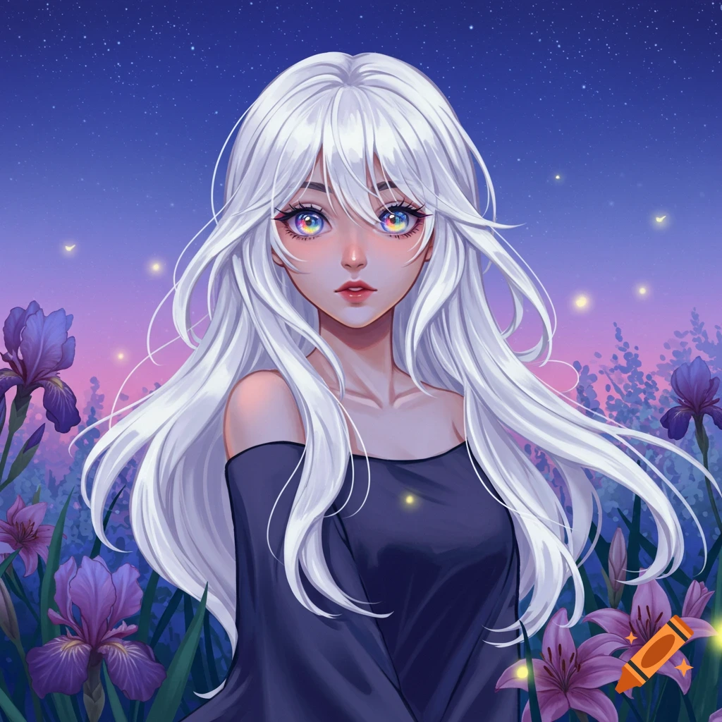 An anime woman with long white hair and iridescent eyes stands among purple flowers under a starry night sky.