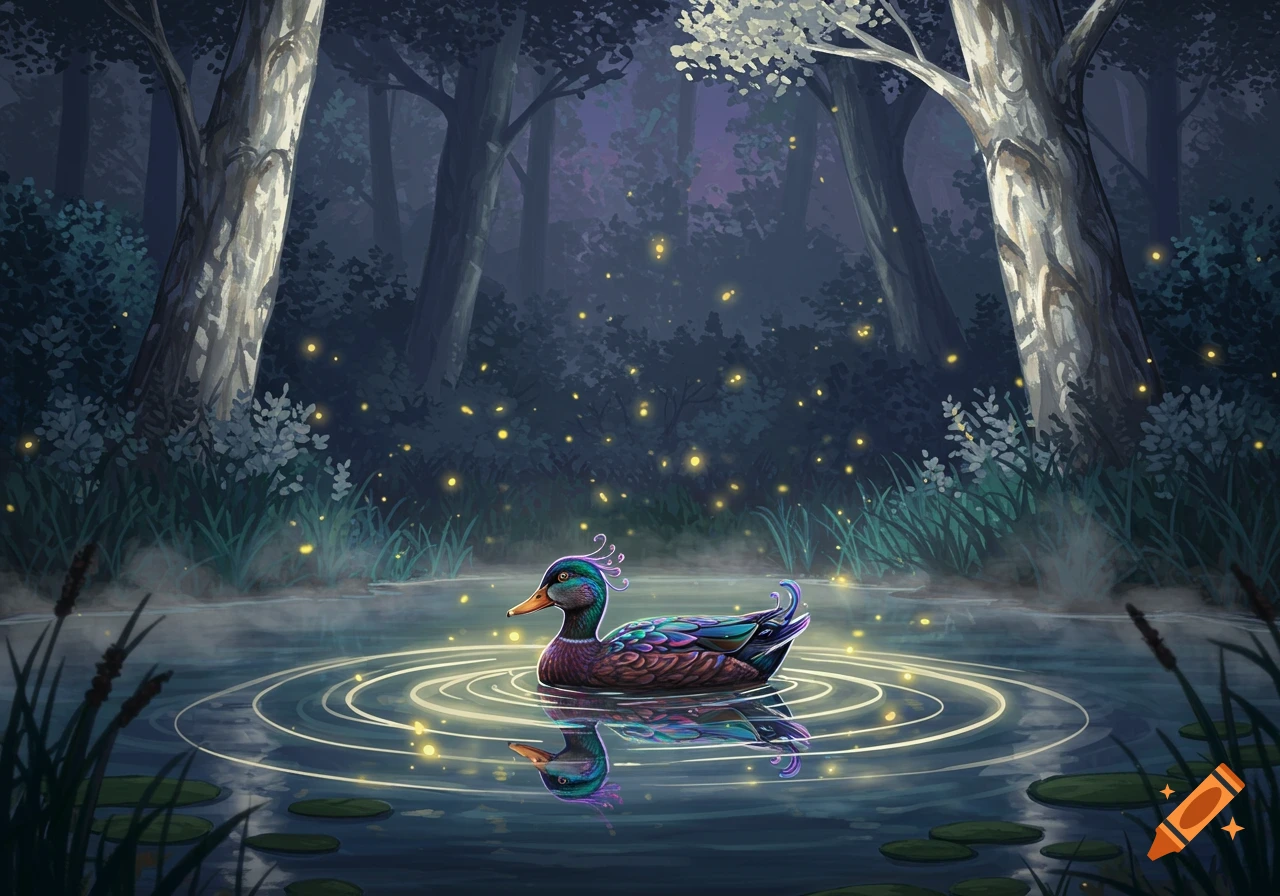 A vibrantly colored mystical duck swims on a pond, creating glowing ripples, surrounded by fireflies in a dark, enchanted forest.