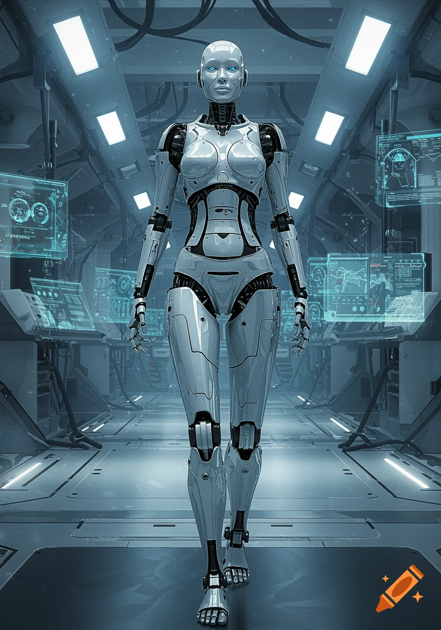 A full-length view of a white and black humanoid robot with glowing blue eyes, walking down a futuristic corridor lined with glowing screens displaying data.