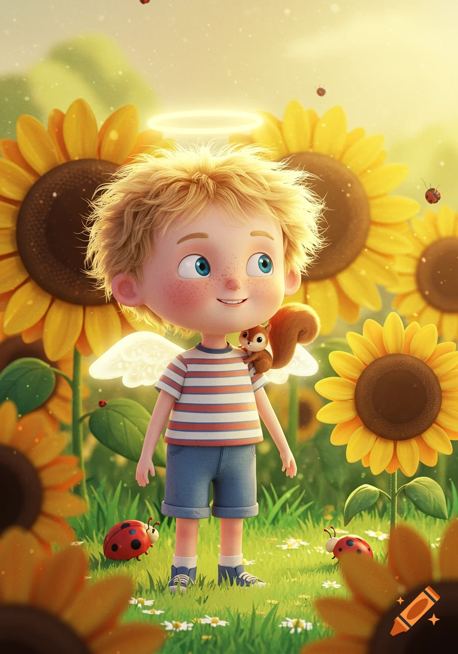 A cute 3D cartoon boy with blond hair, a halo, and wings stands in a sunflower field with a squirrel on his shoulder and ladybugs.