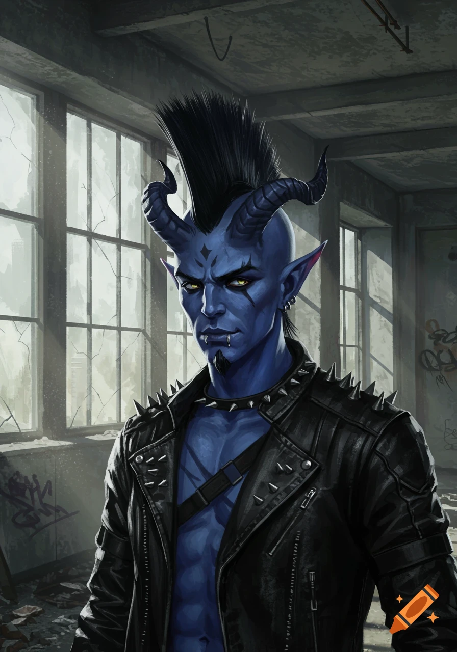 Digital painting of a blue-skinned Tiefling man with a black mohawk and horns, wearing a spiked punk leather jacket in an abandoned building.