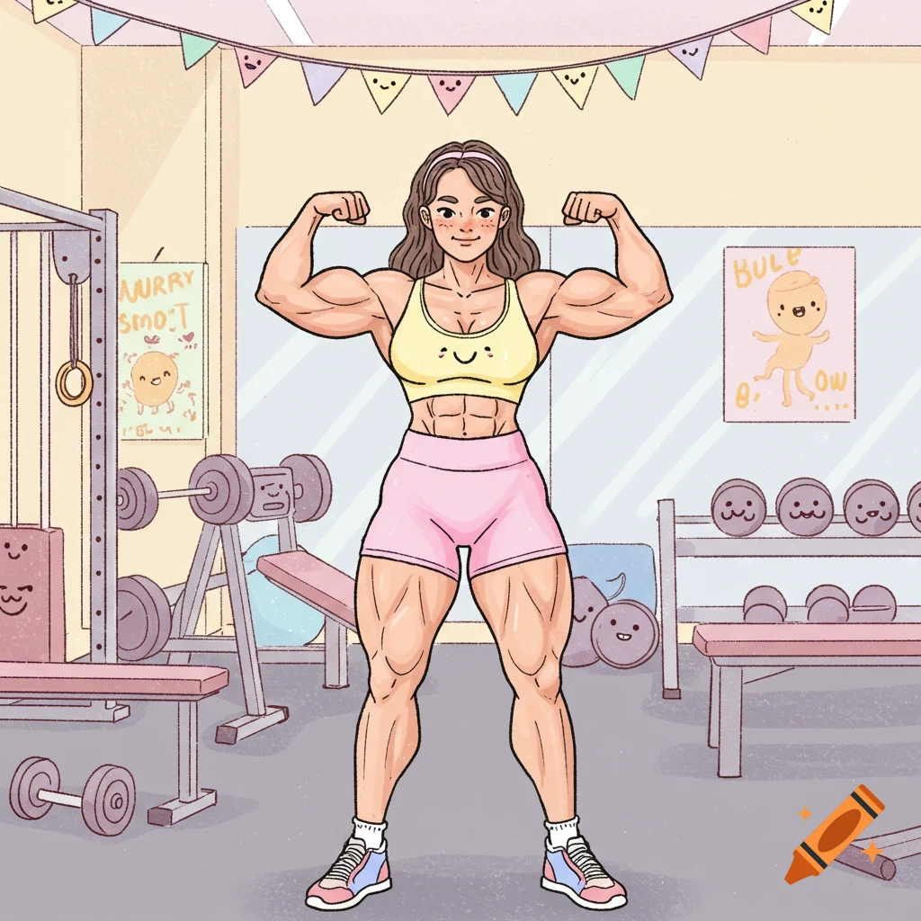 A smiling female bodybuilder flexes in a cartoon gym, rendered in a children's book style.