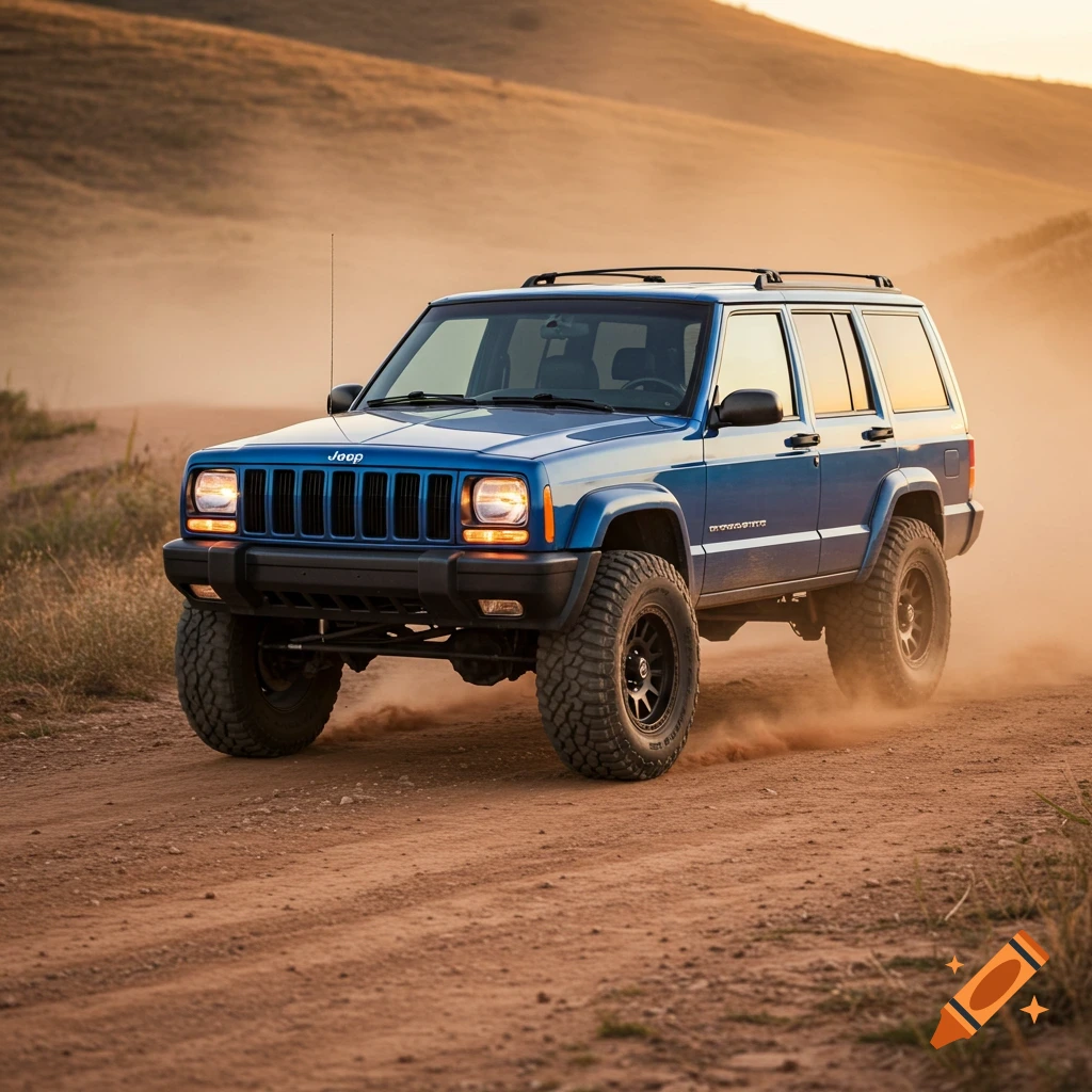 A blue Jeep Cherokee drives on a dusty dirt road, kicking up reddish-brown dust in a hilly, sunny late afternoon setting.