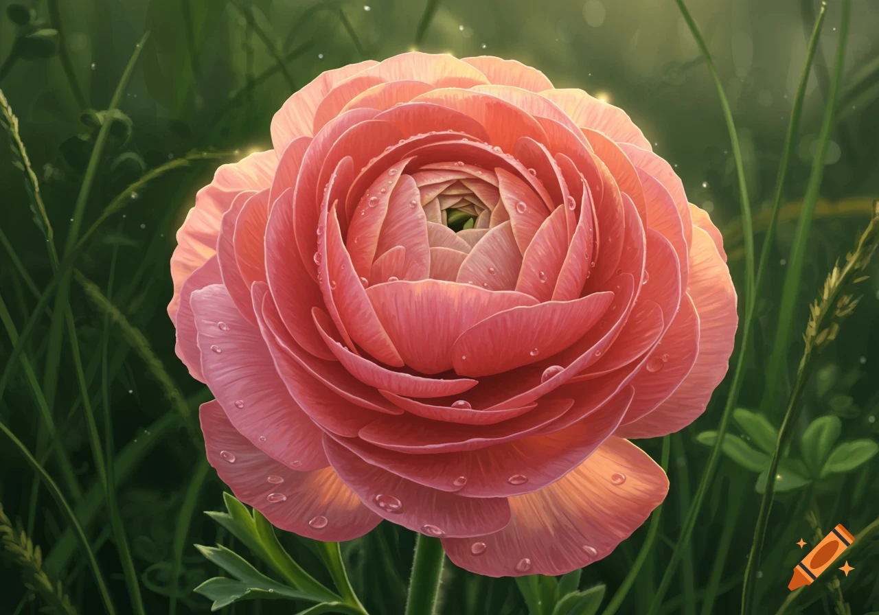 A vibrant pink ranunculus flower with water droplets on its petals, set against a soft, green background with glowing light.