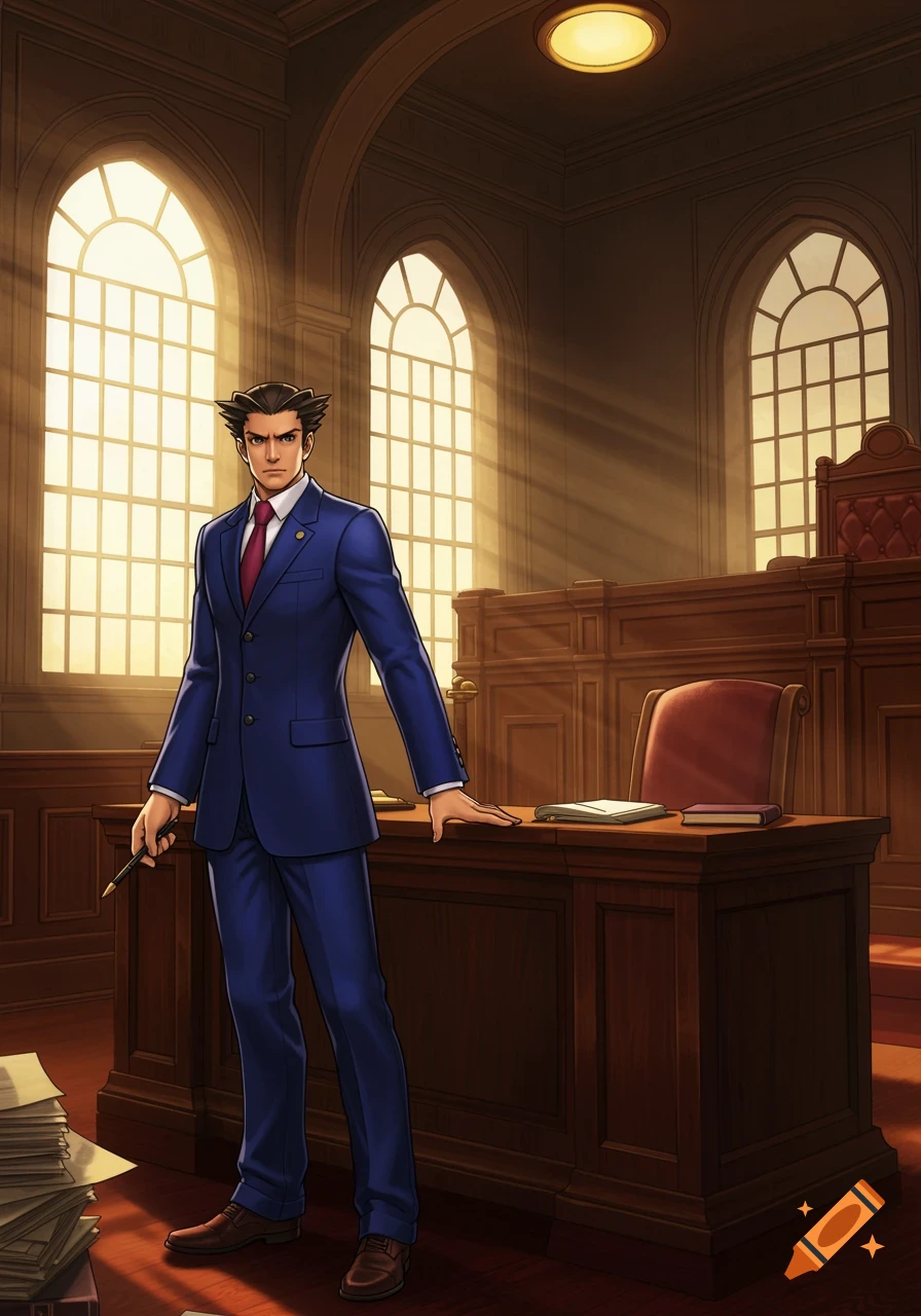 Phoenix Wright stands in a detailed courtroom, leaning on a wooden desk with a pen, sunlight streaming through arched windows.