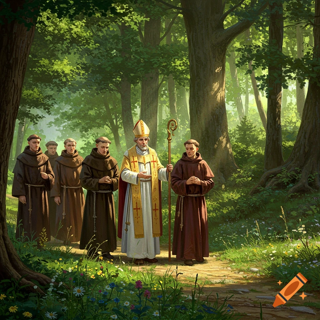 A bishop with a staff and several monks walk along a path through a sunlit, vibrant green forest, depicted in a 14th-century European art style.