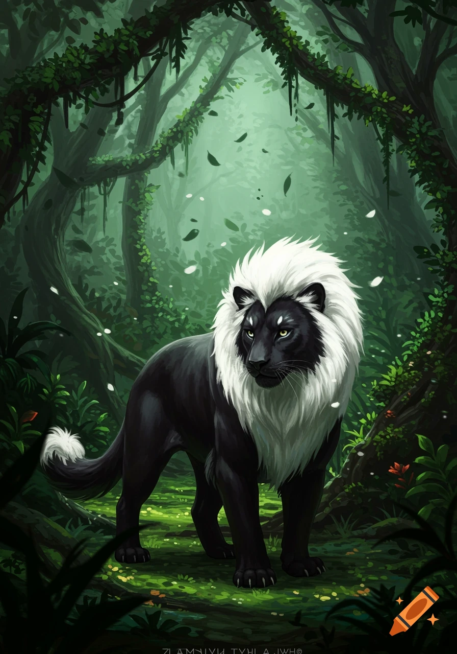 A majestic black lion with a white mane stands in a vibrant, lush green jungle with white petals falling.
