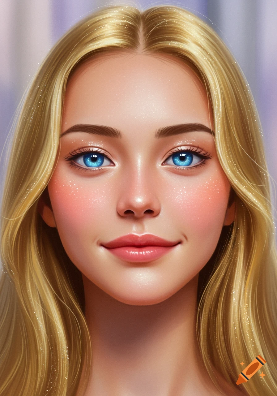 Close-up digital art portrait of a smiling blonde woman with bright blue eyes and long flowing hair.