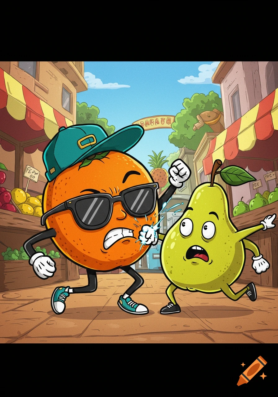 Cartoon orange character in sunglasses and a cap punches a startled green pear character in a vibrant street market.