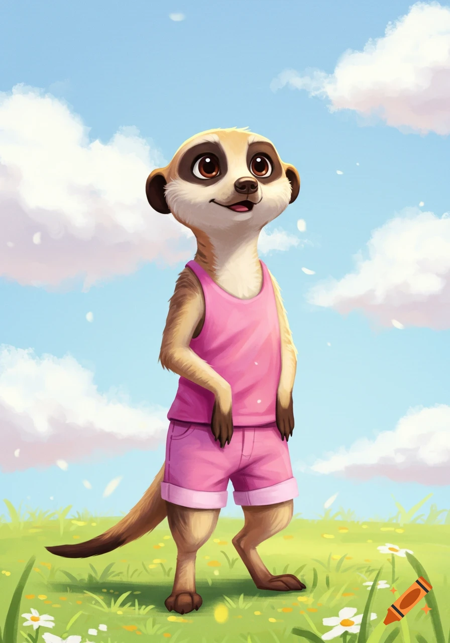 A happy cartoon meerkat wearing a pink tank top and pink shorts stands in a grassy field under a blue sky with clouds.