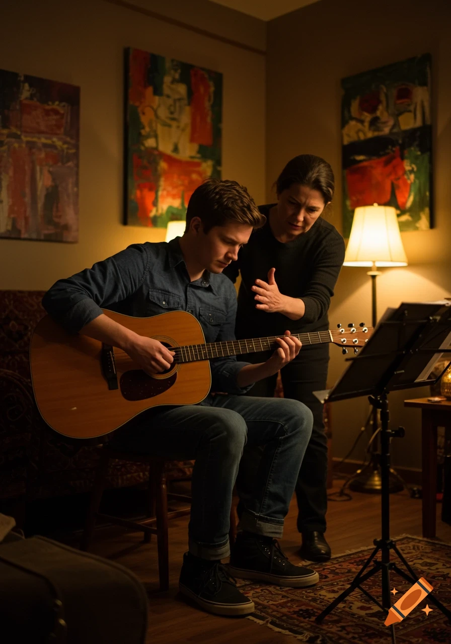 A young man plays an acoustic guitar as a woman guides him during an evening lesson in a warmly lit, cozy room.