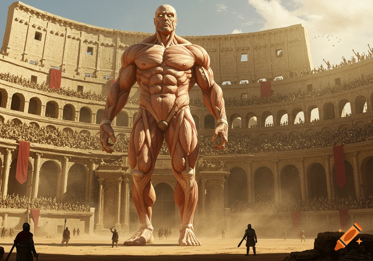 A colossal, muscular, skinless man stands in a Roman-style coliseum filled with tiny spectators.