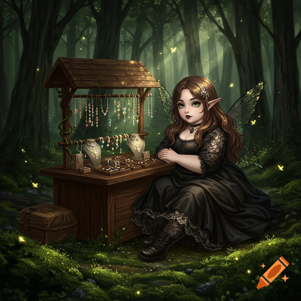Chubby goth anime girl with brown hair and green eyes sitting at a fairy jewelry stand in a dark fantasy forest.