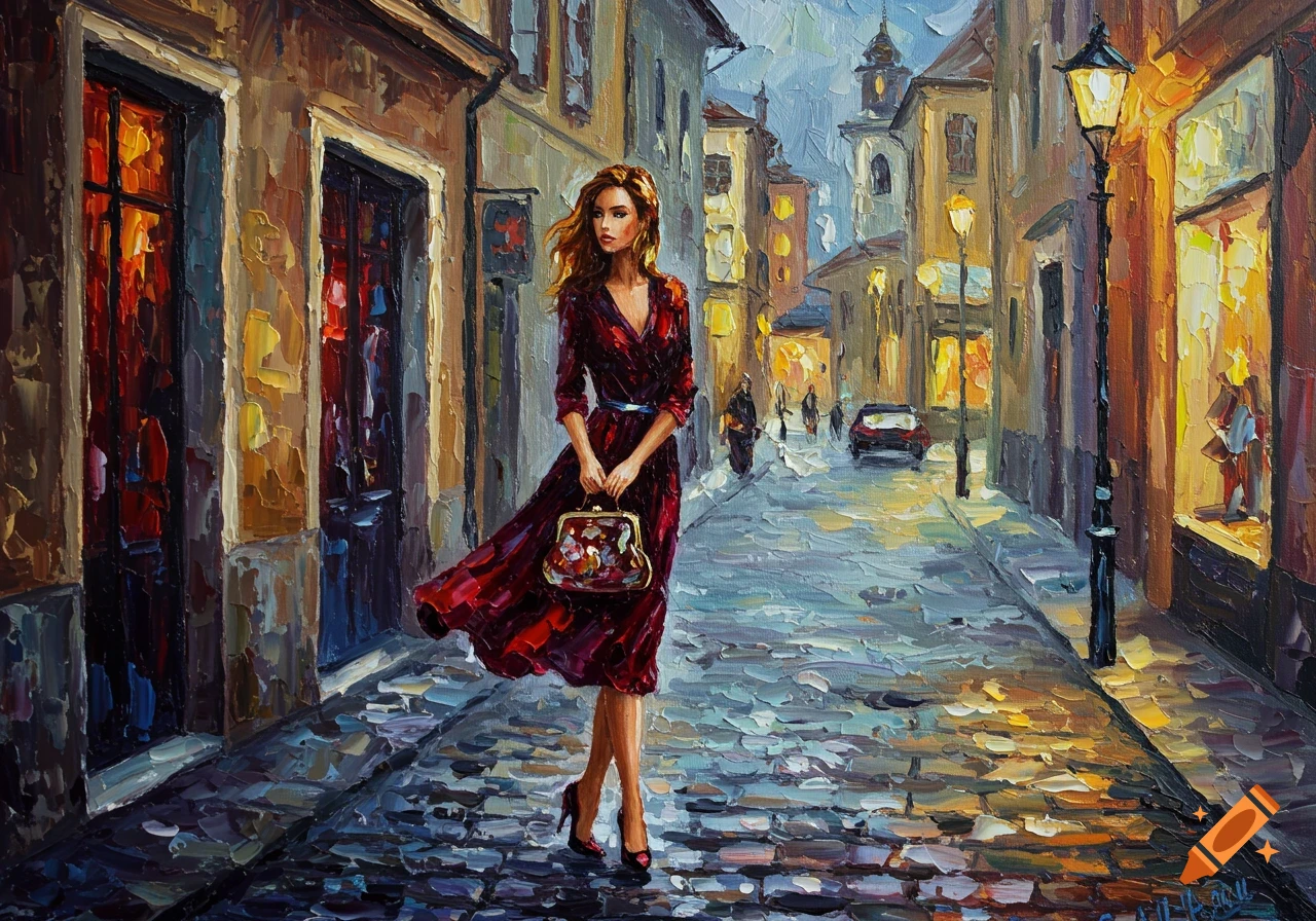 Impressionist oil painting of a woman in a red dress holding a purse, walking on a cobblestone street in a city at dusk.