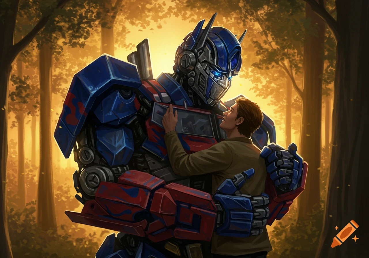 A man hugs Optimus Prime in a sunlit forest, a warm embrace between human and robot.