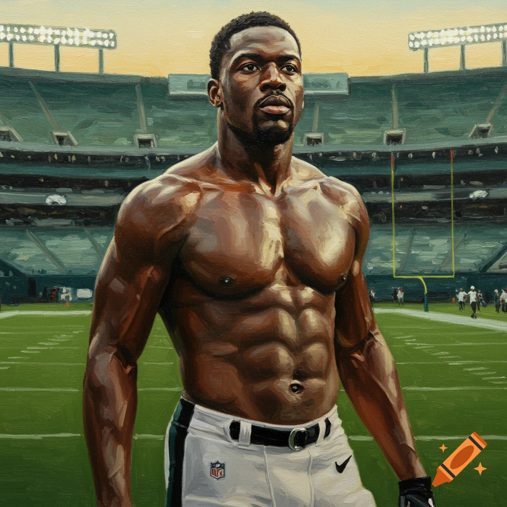 Muscular shirtless football player in a stadium, oil painting style.