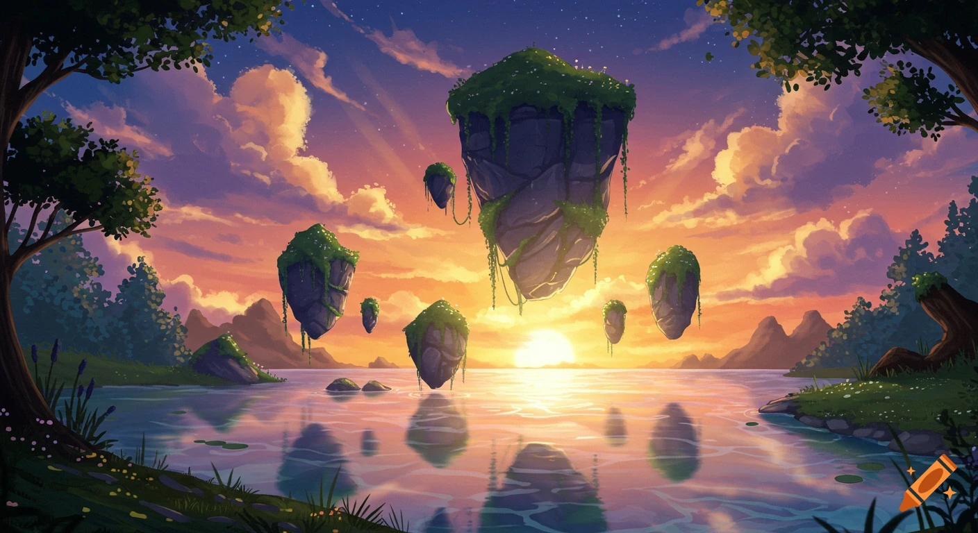 Vibrant fantasy landscape with mossy floating islands above a tranquil lake, reflecting a colorful sunset sky.