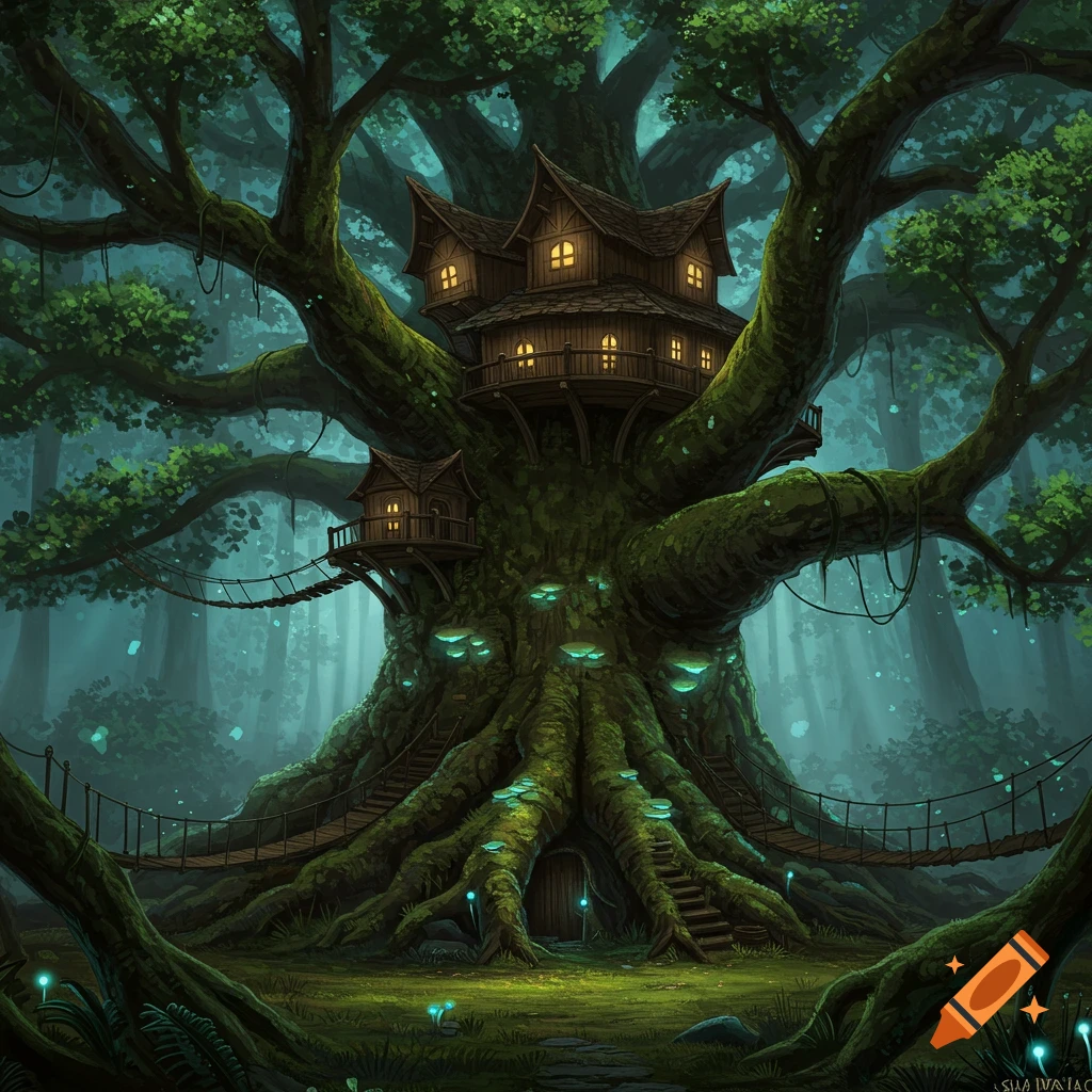 A detailed illustration of a giant fantasy tree house in a mystical forest with glowing mushrooms and rope bridges.