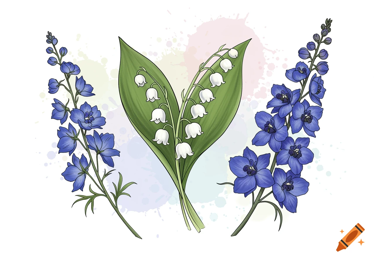 Illustration of lily of the valley and blue larkspur flowers with watercolor splashes on a white background.