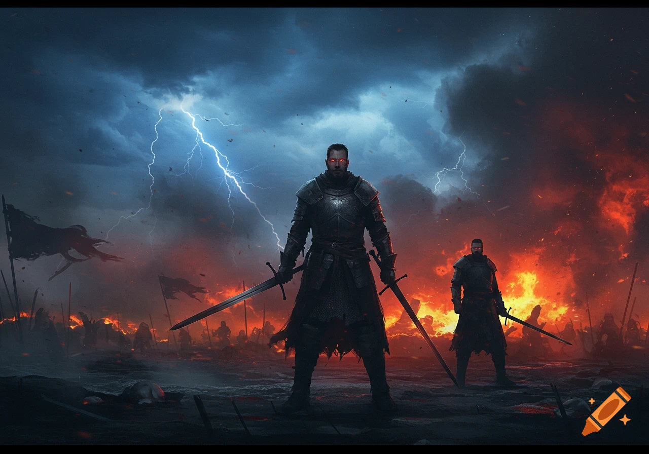Two armored warriors with glowing red eyes stand on a burning battlefield under a stormy sky with lightning.