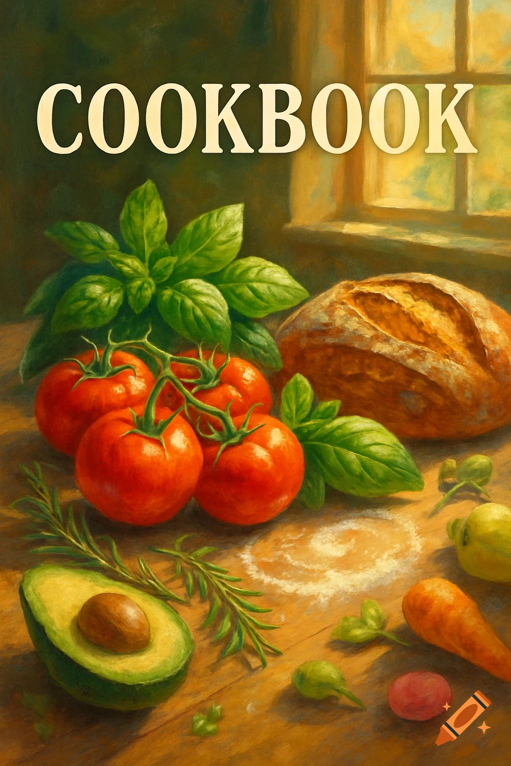 Painterly still life of fresh tomatoes, basil, bread, avocado, and rosemary on a wooden table, with 'COOKBOOK' text at the top.
