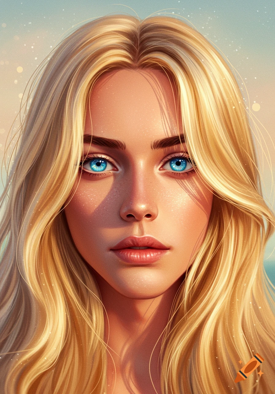 Close-up digital art portrait of a woman with long blonde hair, bright blue eyes, and subtle freckles.