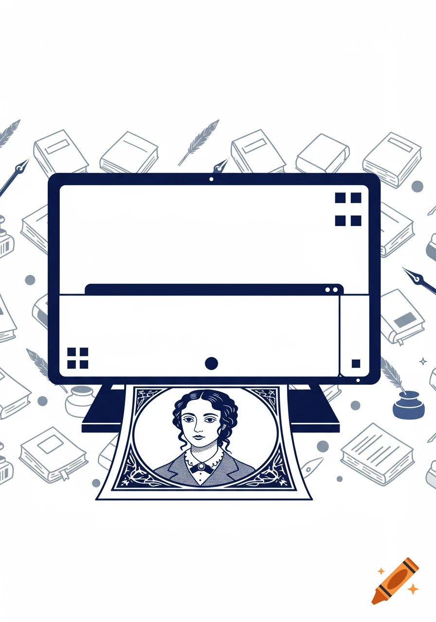 Stylized illustration of a computer printing a portrait of Jane Eyre, surrounded by books, quills, and inkwells.