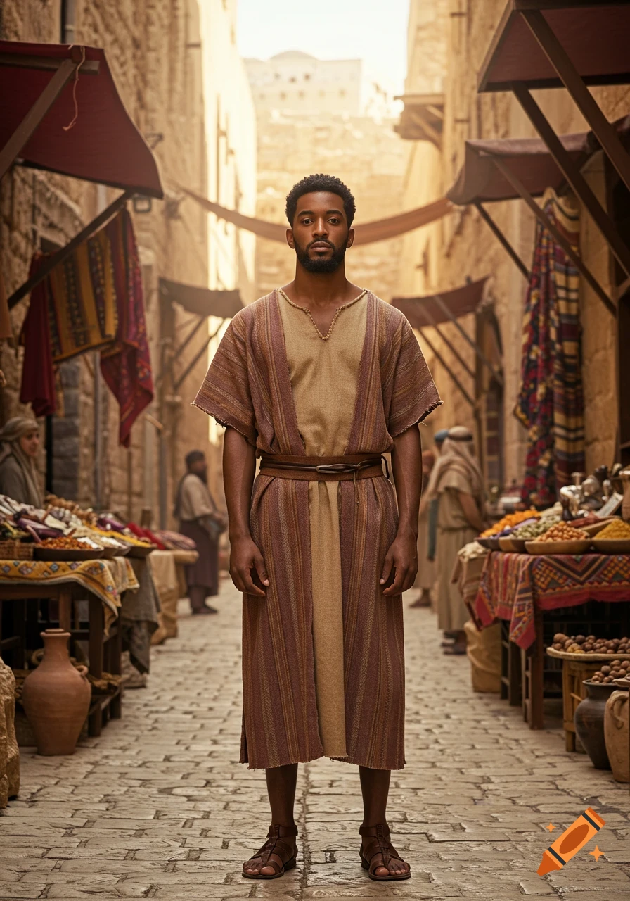 Full body portrait of a young man in brown robes and sandals standing in a sunny, ancient marketplace.