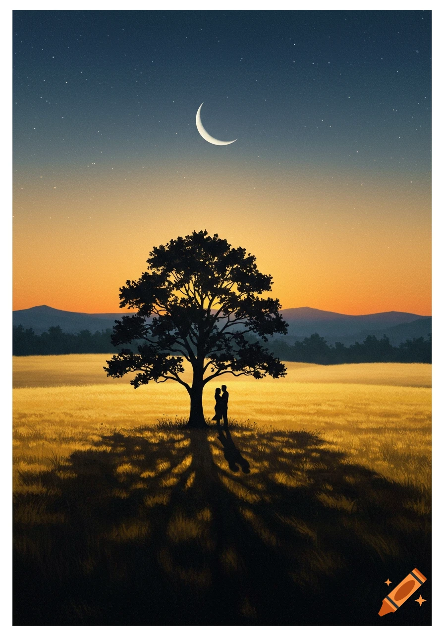 Silhouette of a couple embracing under a large tree in a field at dusk, with a crescent moon and stars in the sky.