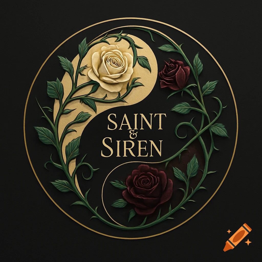 A circular black and gold logo with a yin-yang design, featuring a cream rose and two deep red roses intertwined with green thorny vines. The text "SAINT & SIREN" is in the center.
