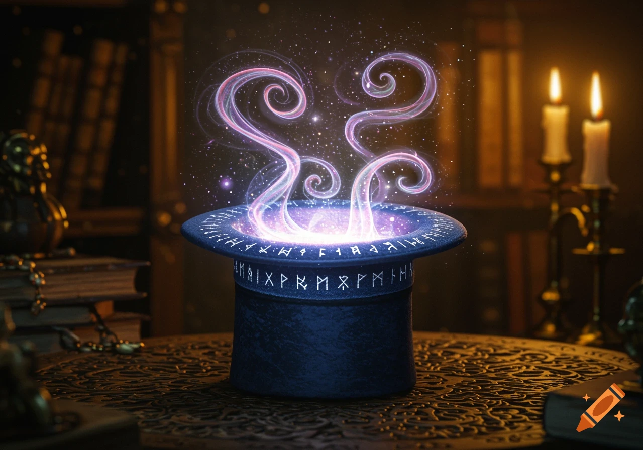 A dark blue top hat glows with purple and pink magical energy, surrounded by sparkling particles, on an ornate wooden table in a dimly lit room with books and candles.