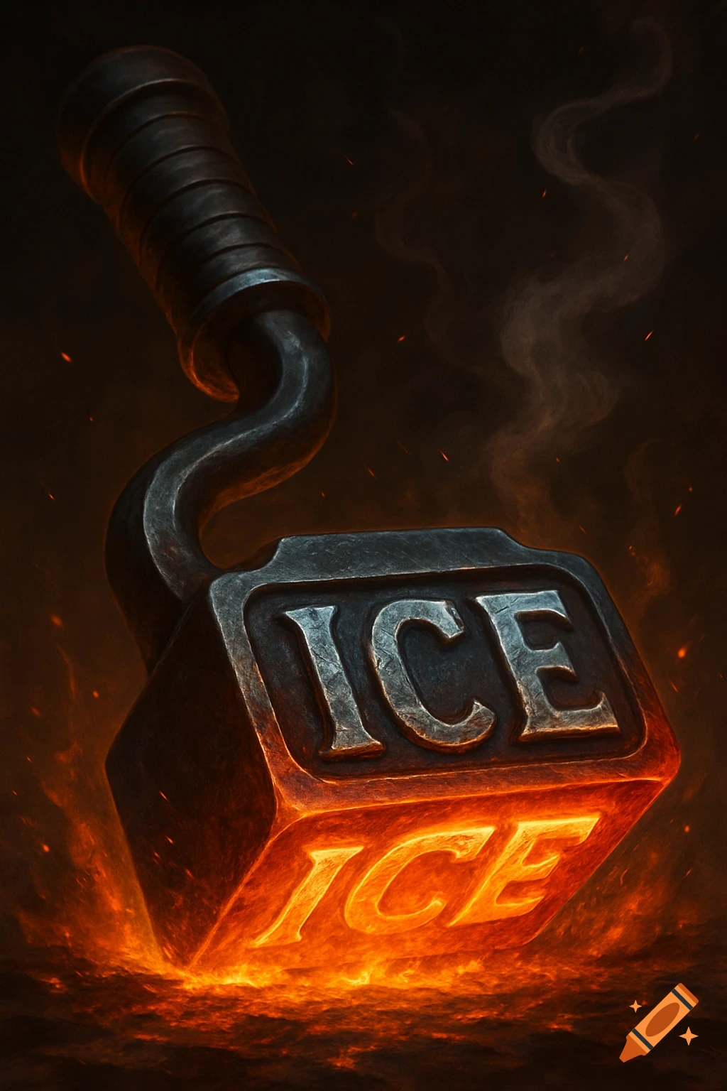 A detailed iron knuckle with 'ICE' emblazoned on its glowing hot surface, surrounded by fire and embers.