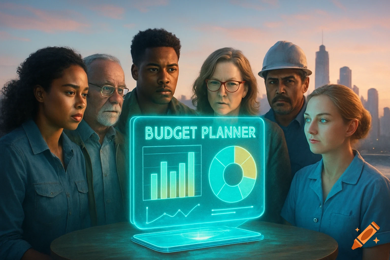 A diverse group of people intently watch a glowing holographic screen displaying a 'Budget Planner' with charts and graphs.